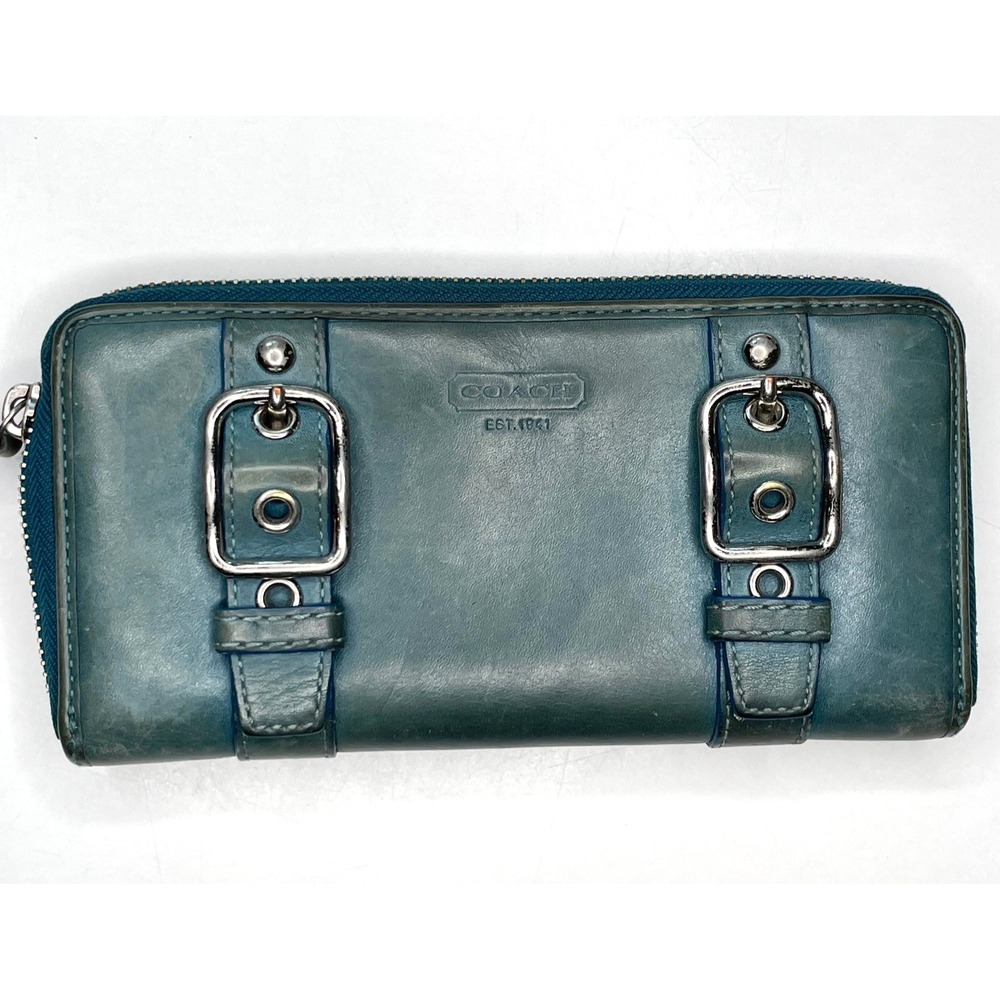 Coach Soho Zoe Teal Leather Double Buckle Zip Accordion Wallet Silver Hardware